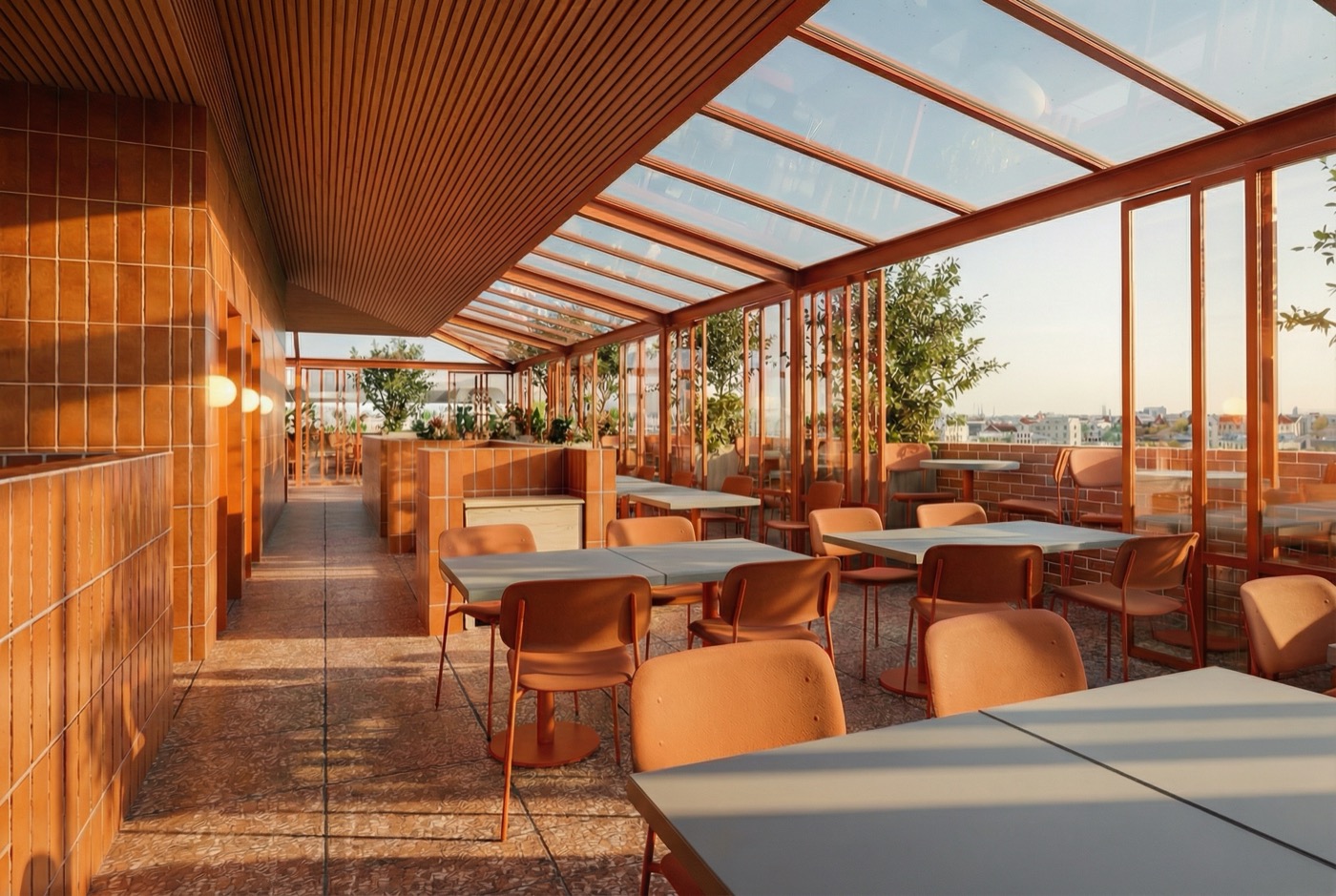 Rooftop interior with glass ceiling and golden light