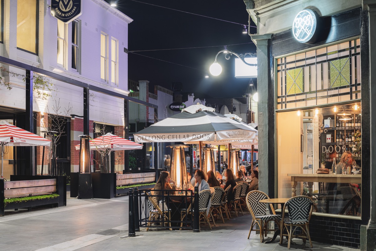 Little Malop Street dining precinct at night